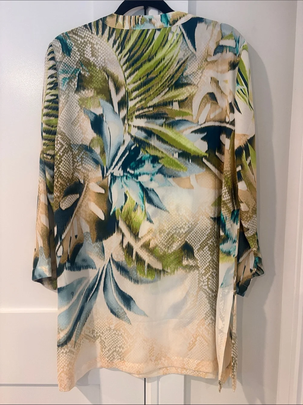 Chico's Woman’s Teal, Green & Cream Botanical-Print Tunic Blouse Top Size XL NWT